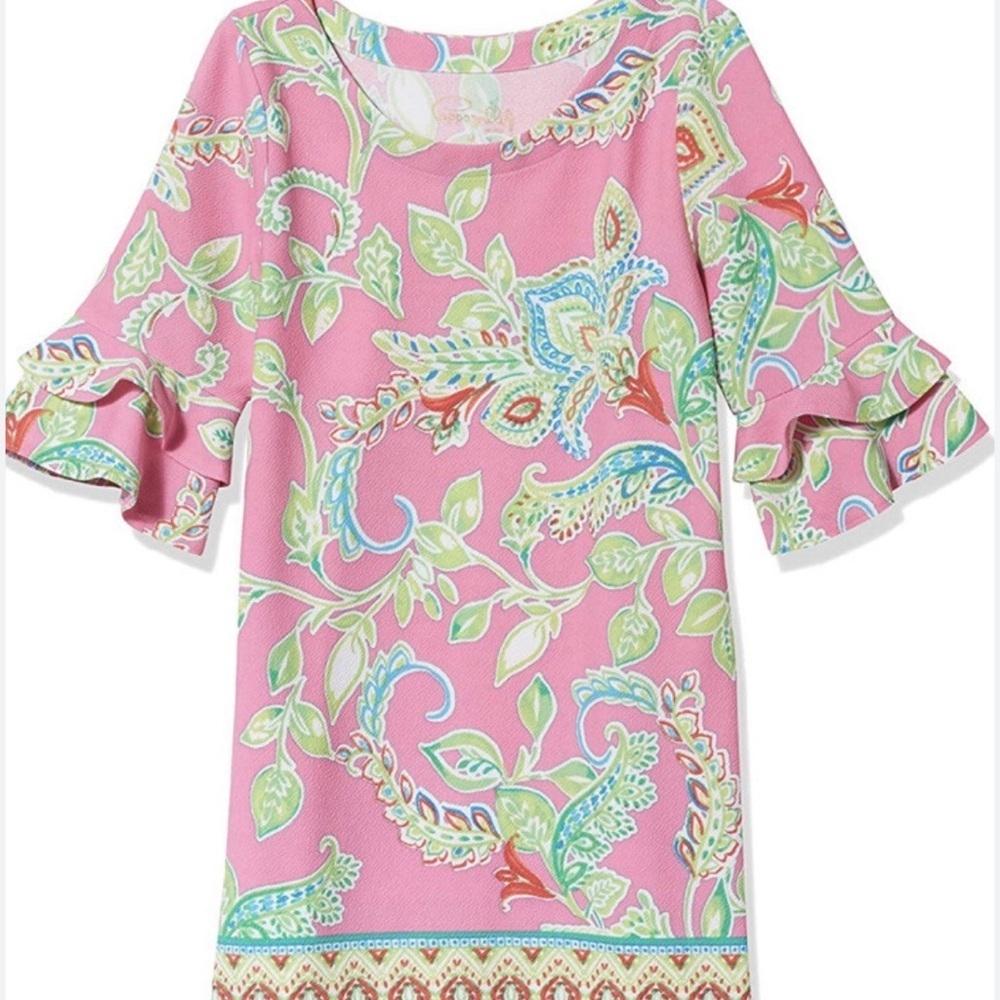 NWT PAPPAGALLO
Floral Double Ruffle Sleeve Dress, Pink and Green